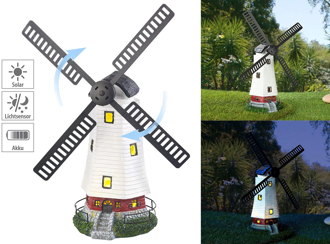 Lunartec Esculturas de Viento - Molino jardín Solar: Molino de Viento Solar Deco con turbina eólica giratoria y luz LED, Batería de 8 Horas (con LED Encendiendo, Iluminado Viento Deco)
