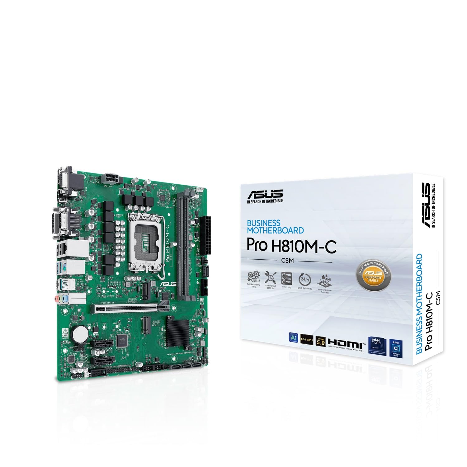 Asus Pro H810M-C-CSM, Scheda Madre Intel, 6+1+1+1 Fasi Di Alimentazione, Slot DDR5, Pcie 5.0, Adatta Per Pc Ai-Advanced, 2 Slot M.2, Displayport, Vga, Hdmi, USB-A E USB-C 10Gbps, Nera-image