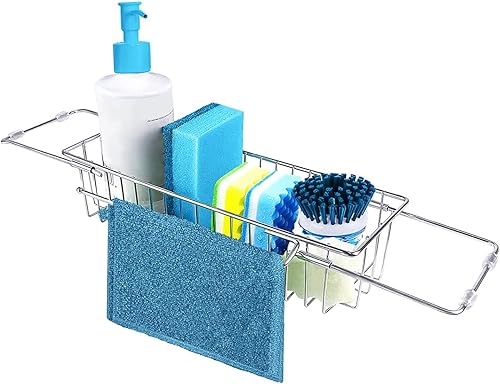 Soporte de esponja para fregadero de cocina organizador de fregadero de cocina expandible con colgador de paño de cocina organizador de fregadero de