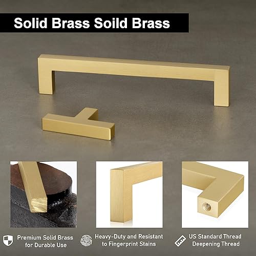Miniatura 2 de QOGRISUN Paquete de 2 tiradores de gabinete de latón macizo, manijas cuadradas doradas, accesorios de cocina centrales de 11-14 pulgadas para
