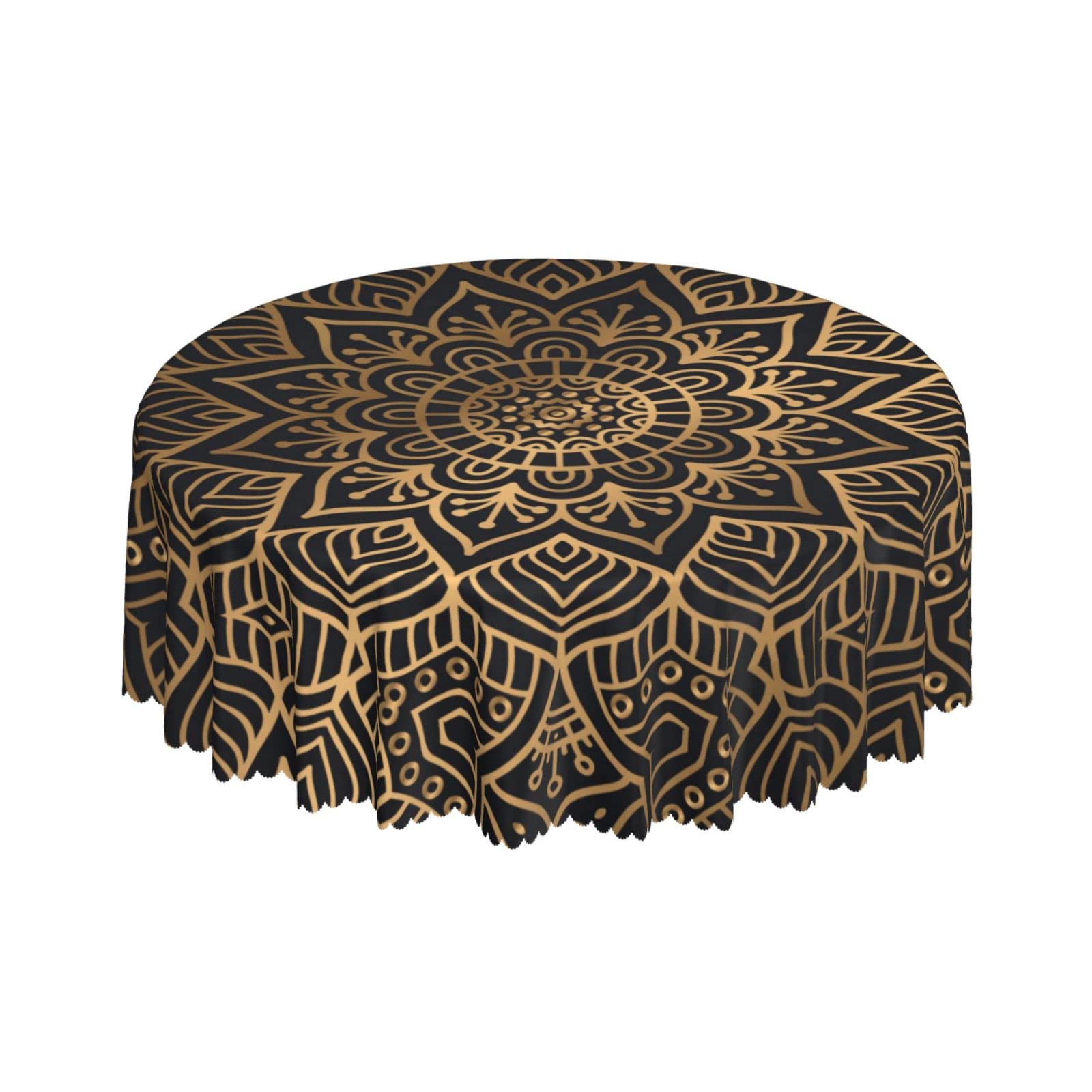 Lsjuee Abstract Floral Mandala Gold Round Tablecloth 60 Inch Printed Washable Tablecloth for Dining Party Holiday Fall Home Decorative