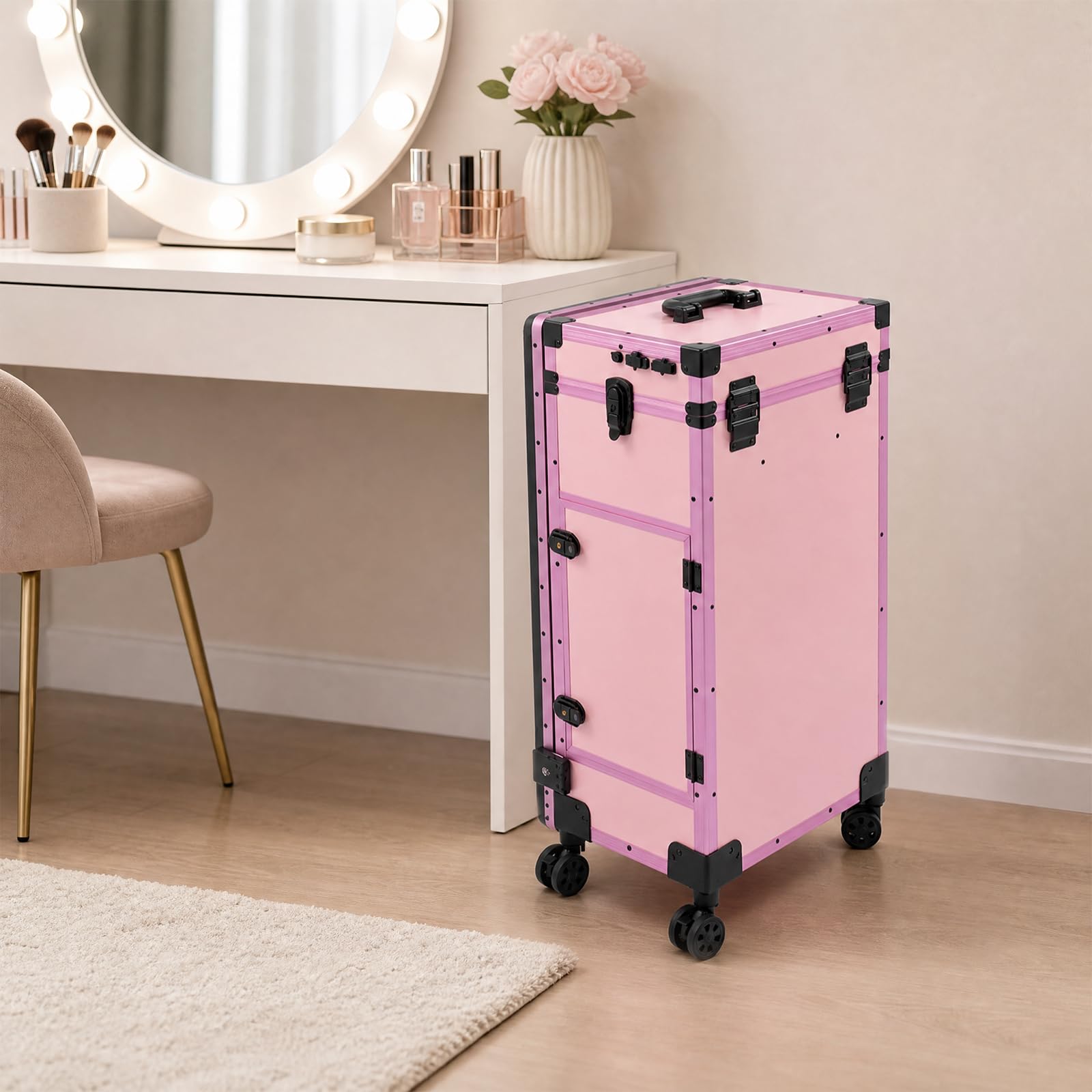 Walizka na kosmetyki na kółkach z 3 szufladami i lustrem LED | Walizka na kosmetyki, nośność 50 kg, Bluetooth, walizka fryzjerska, dla fryzjerów, wizażystów, manicure, toaletki