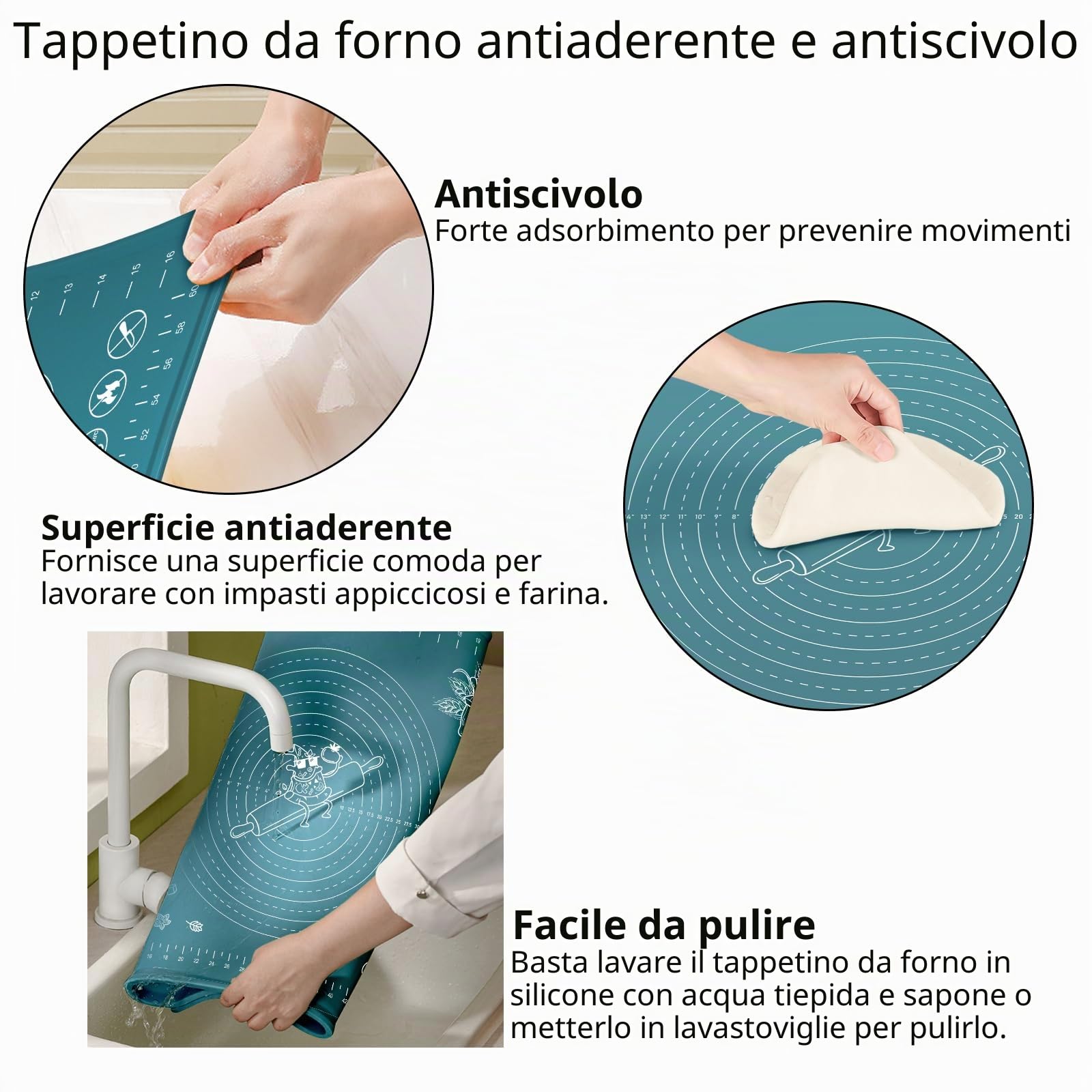 Tappetino da pasticceria in silicone, 80 x 60 cm, extra spesso, antiaderente, con misure e bordo rialzato, per pasticceria, pane, biscotti, pizza, fondente, pasta, indaco