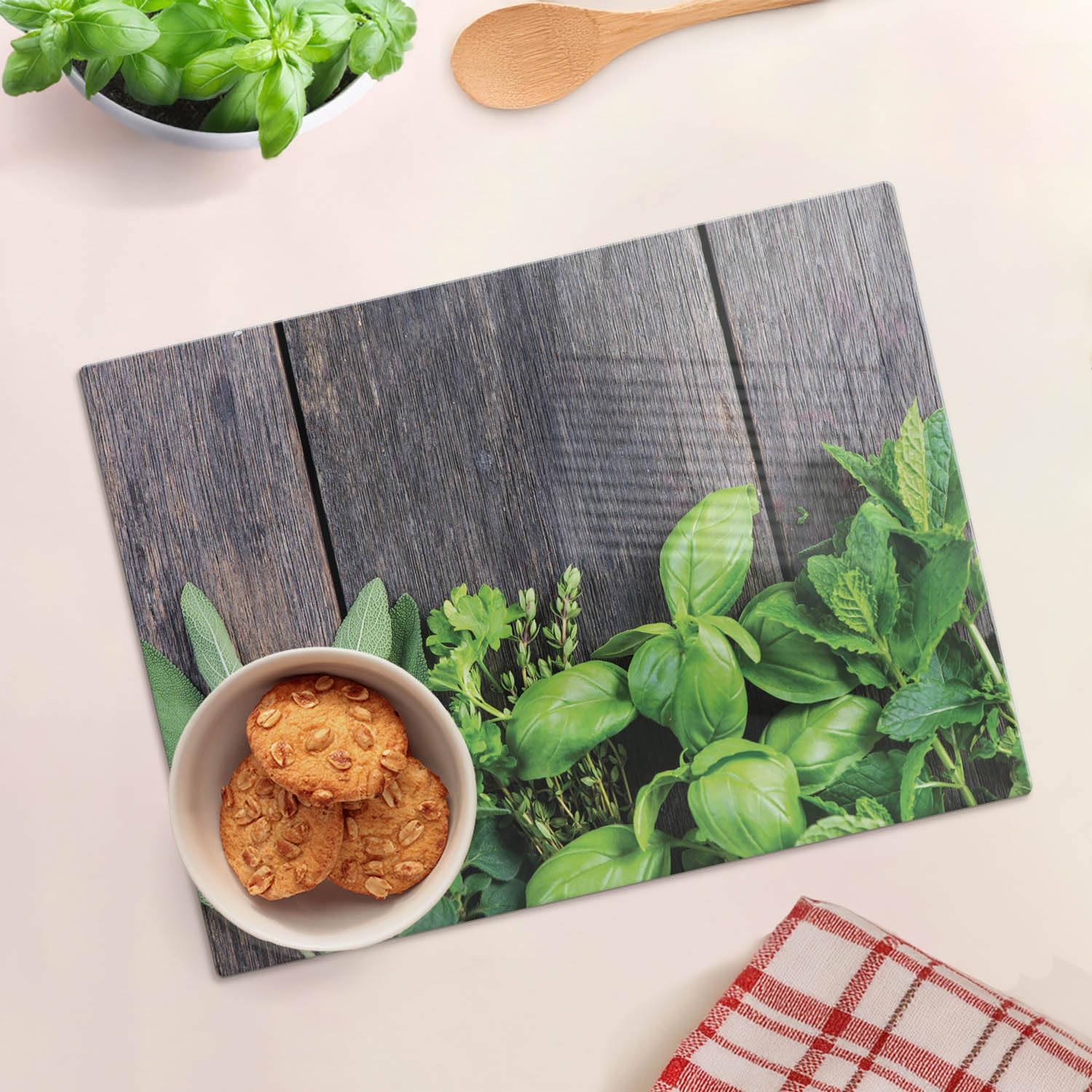 Planche à découper en verre trempé 40x30 cm Herbes Menthe Bois