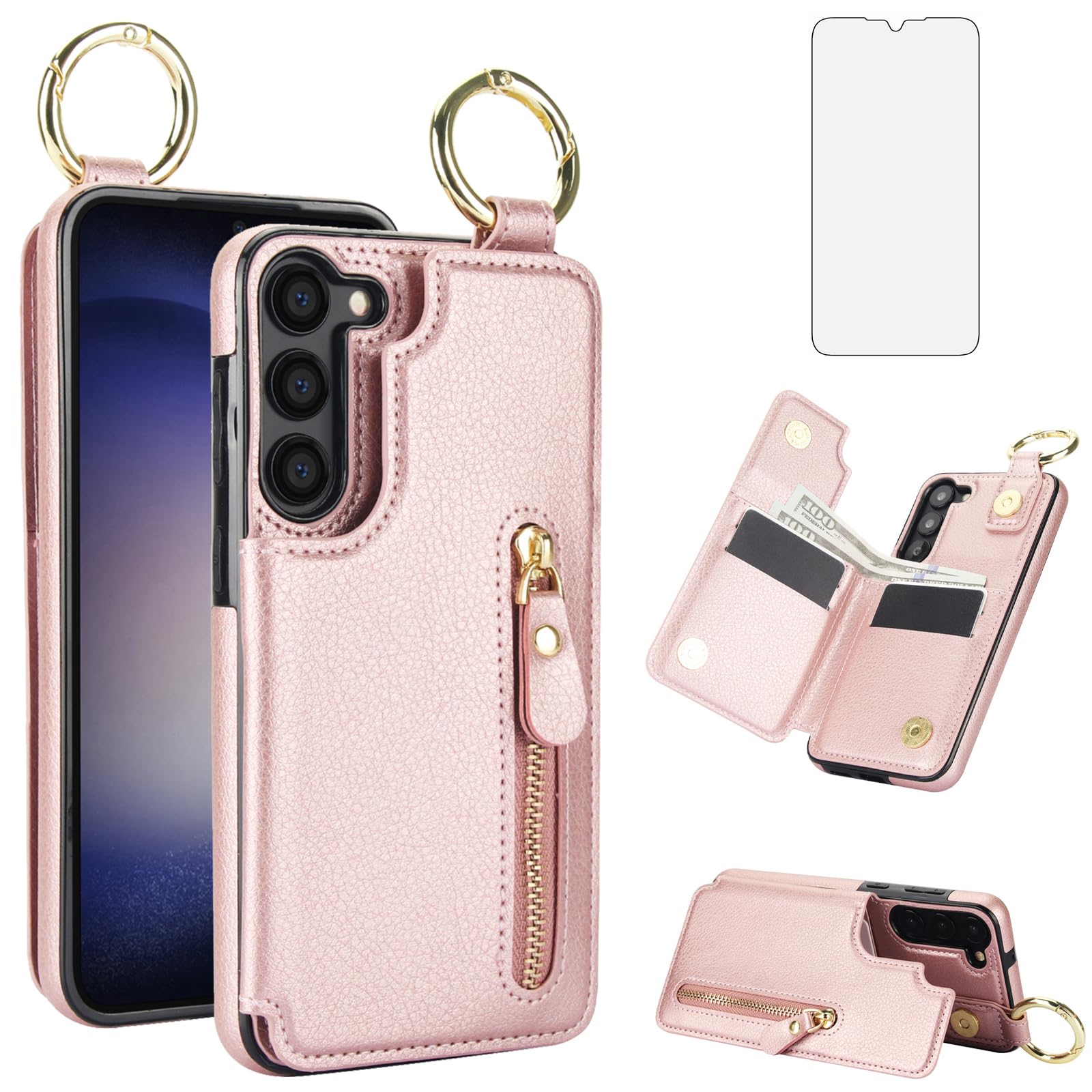Asuwish Phone Case for Samsung Galaxy S23 Plus S23+ 5G Wallet with Screen Protector Cover and Cell Stand Zipper Cash Card Holder Slot Ring S23plus 23S