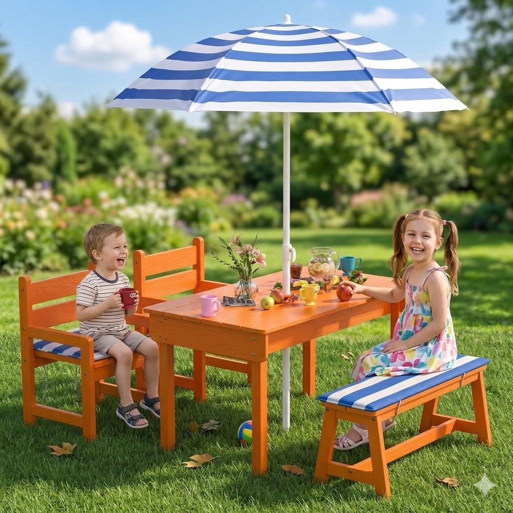 Picnic Table for Indoor Outdoor Play, Wooden Sand and Water Play Table, Large Umbrella, Removable Storage Boxes, Garden Backyard Activity Station, Gift for Boys Girls Age 3+