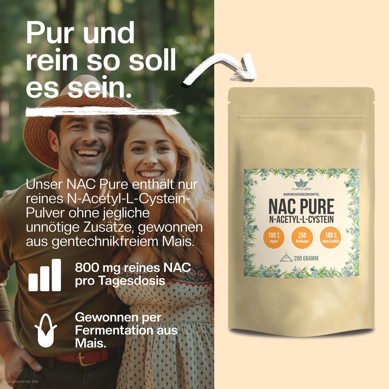 naturalie® | Poudre N-acétyl-L-cystéine (NAC) | 200 g dans un sac bio | Fermentation de maïs de haute pureté | 100 % poudre de NAC sans additifs | Végétalien
