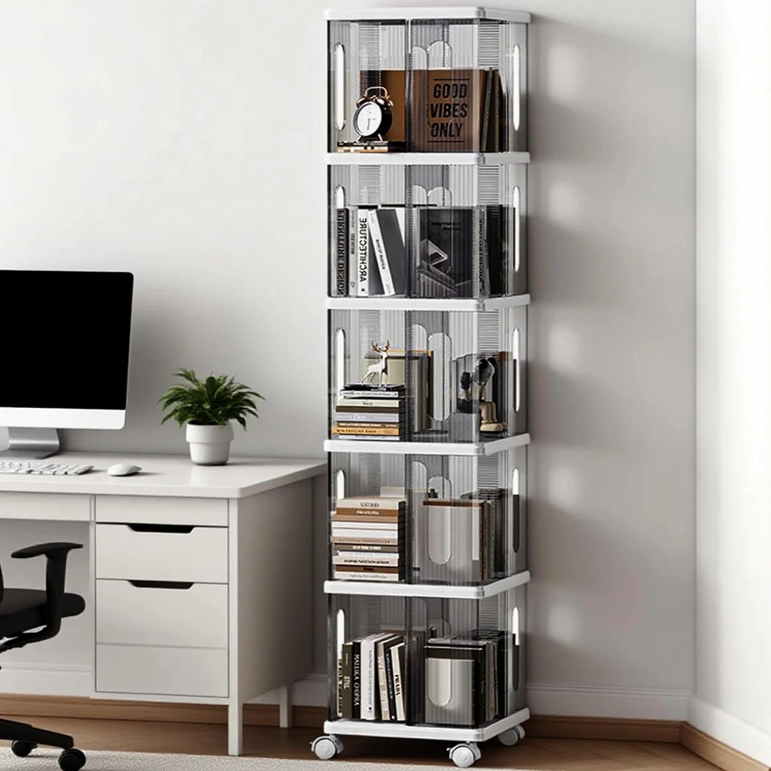 Rotating Bookshelf Tower, 360-Degree rotating bookshelves, Small Space Spinning Bookshelf with Wheels, Revolving Bookcase Suitable for Bedrooms, Living Rooms, Studies and Offices (Grey,5Tier) - Image 6