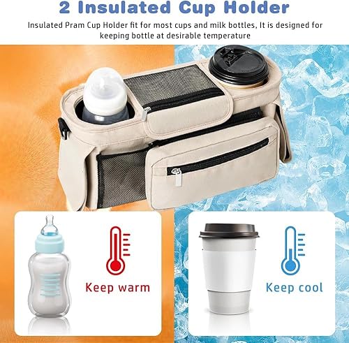 Miniatura 2 de Organizador de cochecito de bebé, organizador universal para cochecito con bolsa de teléfono desmontable, carrito de cochecito con 2 portavasos