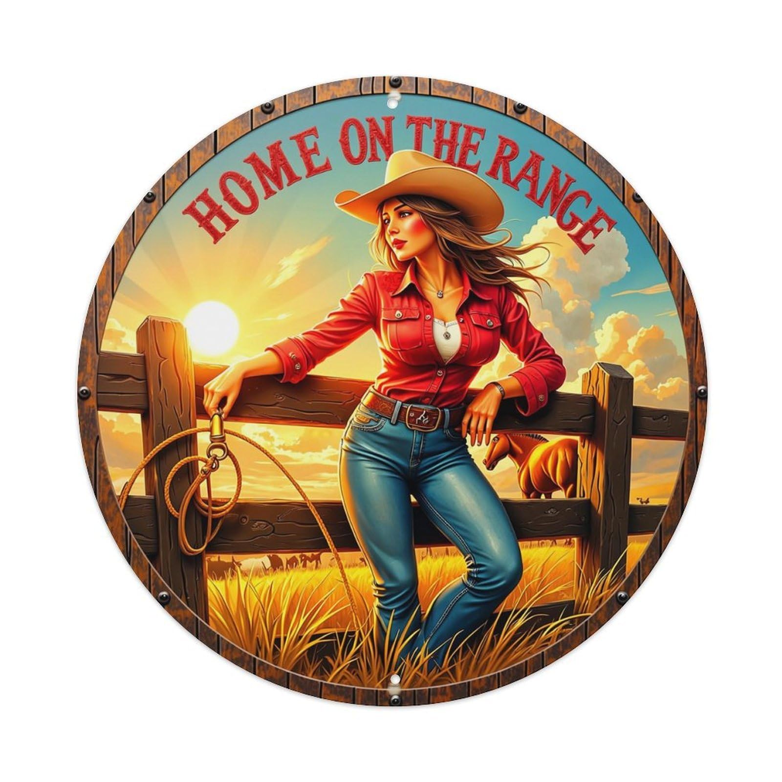 Cowgirl Sunset Fence Horse Sky Retro Metal Sign Round Tin Sign, Vintage Decor Art Poster for Bar, Home, Man Cave, Kitchen, Laundry Room Gift 8x8Inch
