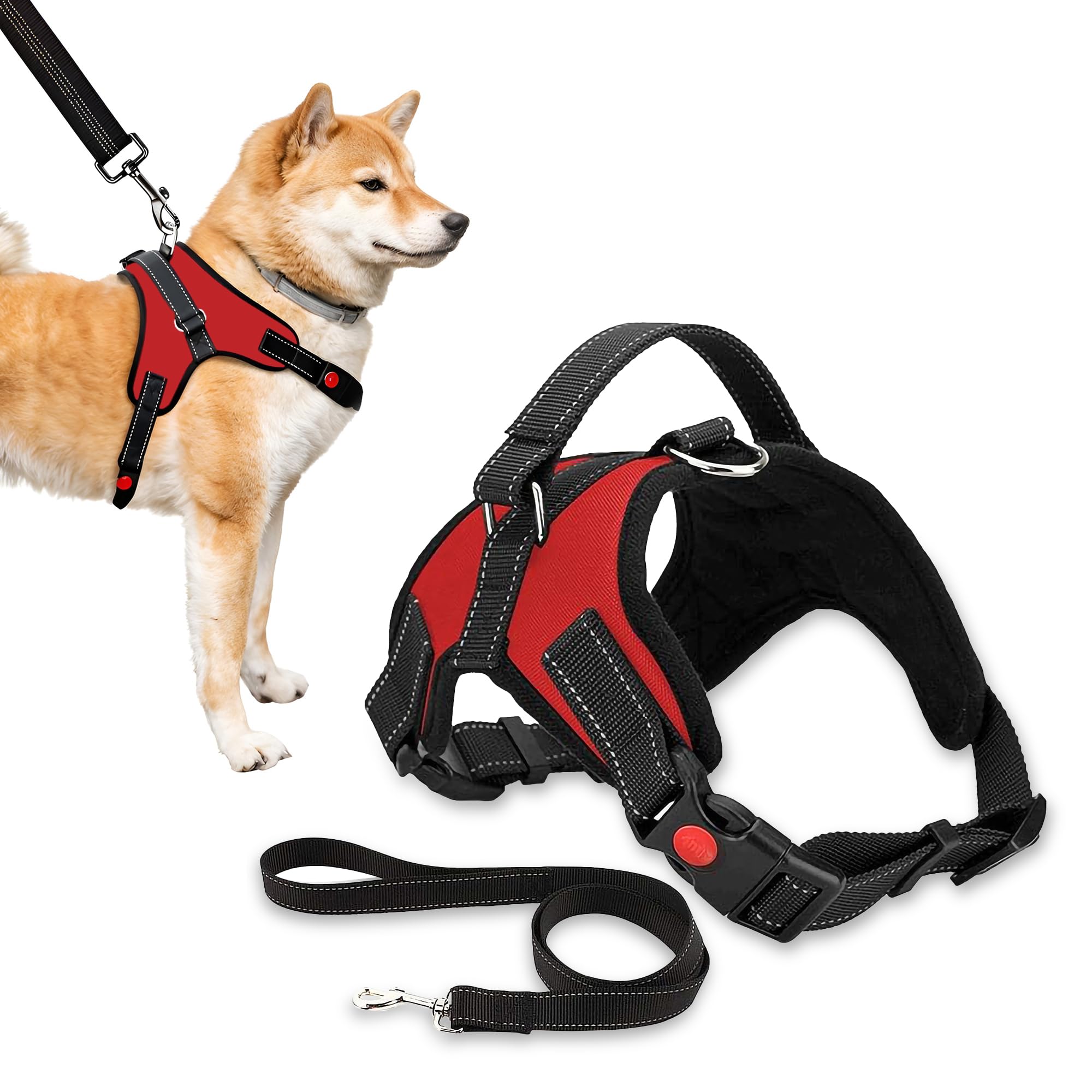 WedDecor No Pull Dog Harness with Lead Set for Medium Dog, Breathable, Adjustable & Safe Pet Vest Harness for Dogs, Reflective Dog Control Harness UK for Training & Walking, Medium - Red