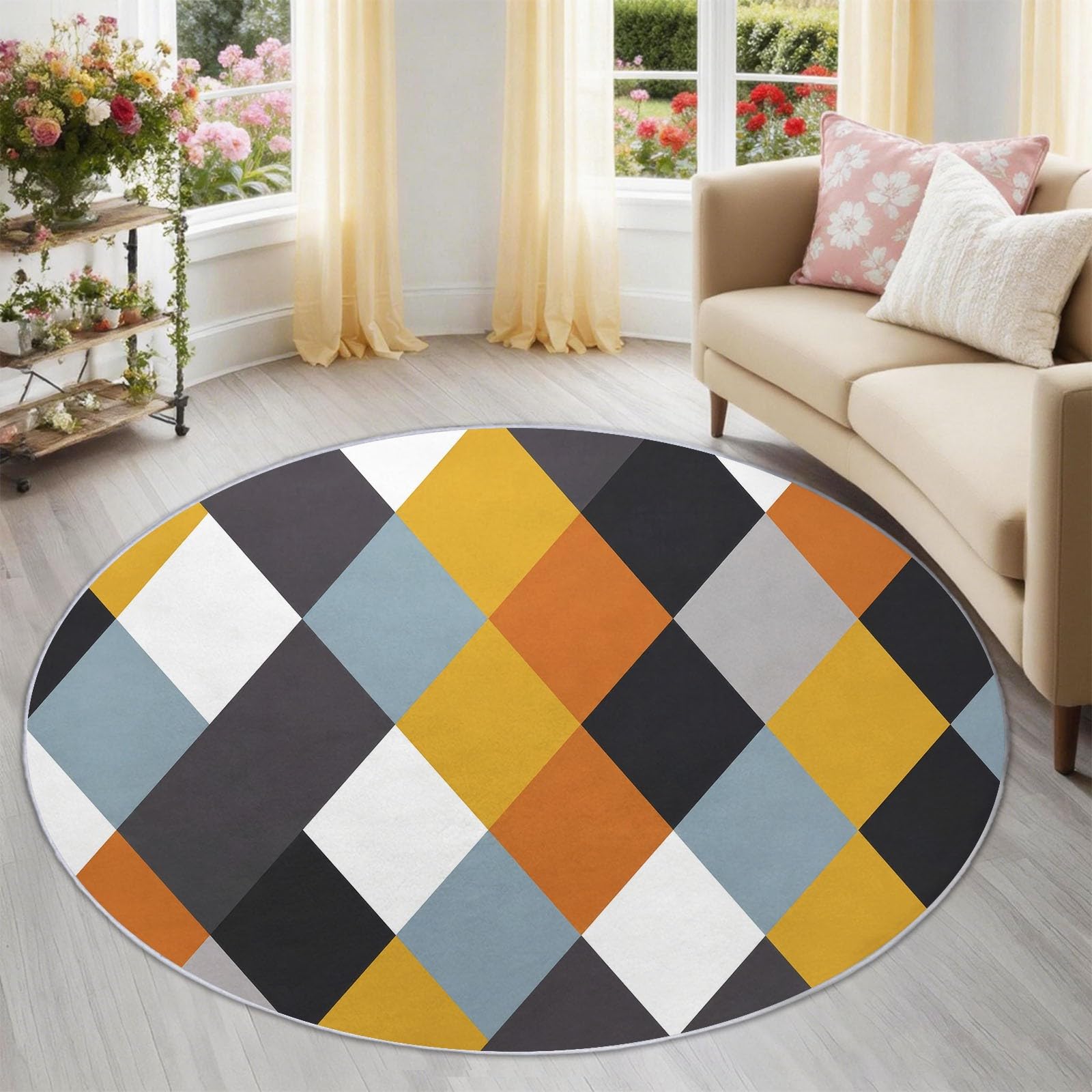 Generisch Argyle patchwork, nadający się do prania, okrągły, 150 cm, kolorowy, okrągły dywan do salonu, antypoślizgowy, do sypialni, shabby chic, z krótkim włosiem, okrągły dywan do korytarza