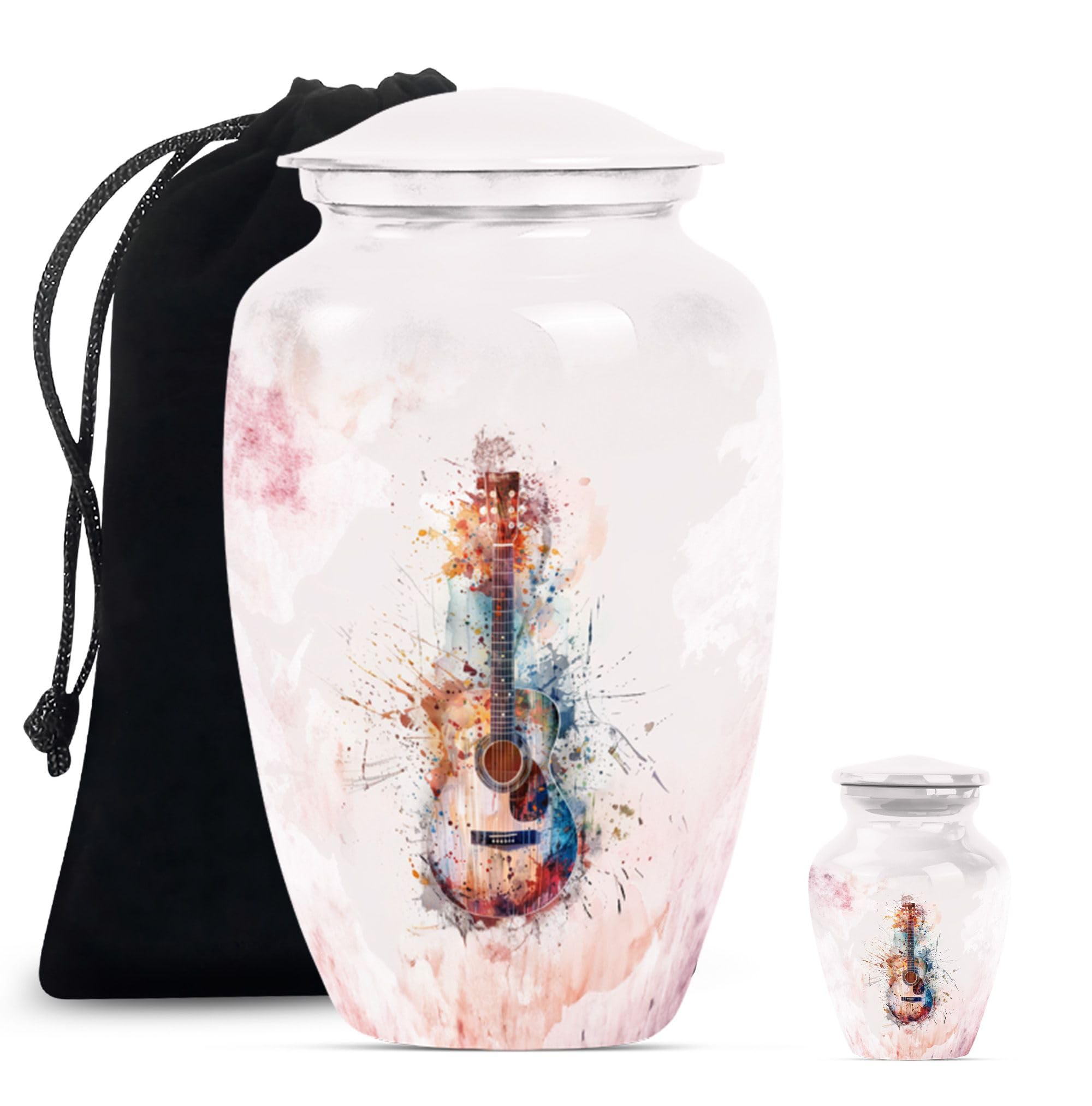 YATHABHISA Guitar Urn - Large & Small Keepsake Urns - Metal, Light Pink & Multicolored - Guitar Pattern - Human Ashes Urn