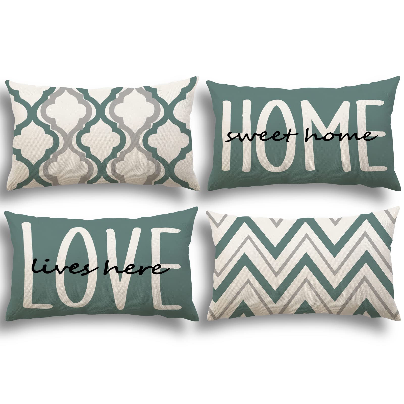 YCOLL Funda de Cojín 30x50 Juego de 4 Cojines Decorativos Fundas de Cojines de Lino Patrón Geométrico Fundas de Cojines para Sofá Dormitorio Sofá Cojines de Exterior 30x50 Agua Verde