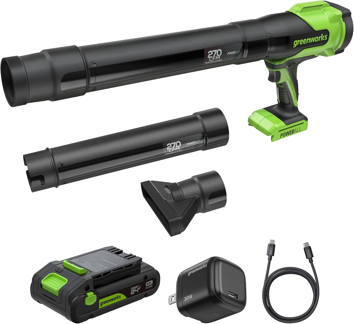 Soplador de hojas portátil Greenworks de 24 V, 270 CFM, batería de 3,0 Ah y cargador