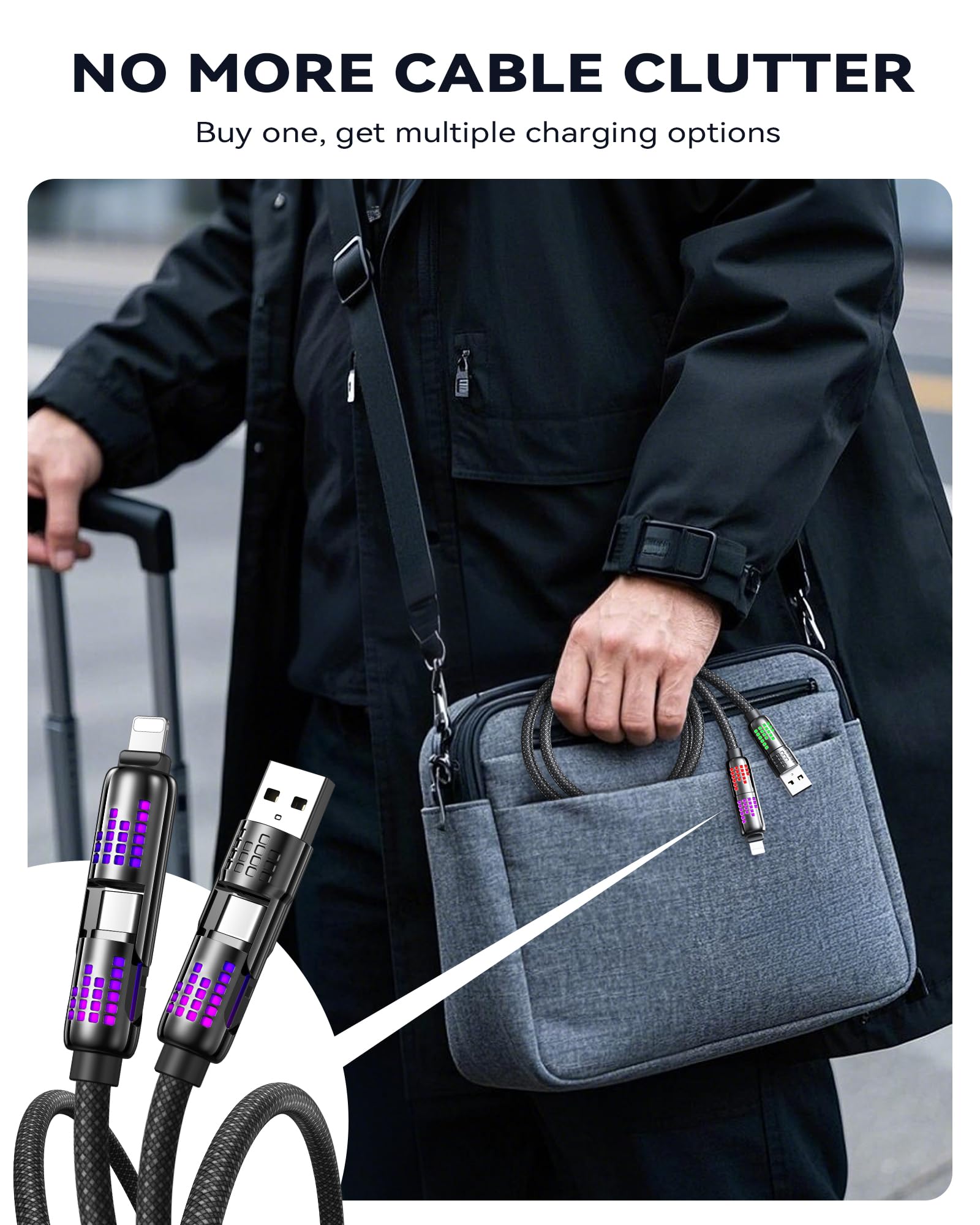 RAVIAD Multi Cavo di Ricarica [1M] 4 in 1 Multiplo Cavetto 240W PD con luce LED RGB USBC/USBA a Lightning, USBC/USBA a USB C Cavo di Ricarica per iPhone 16/15/14, Galaxy 24, Google Pixel, Pad - Nero