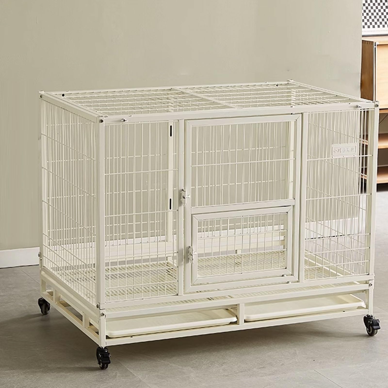 Gabbia Cane Trasportino Cane Gabbia for Cani Da Interno Portatile Tubi Zincati Pieghevole for Riporre Gli Oggetti Con Bloccabili Doppia Porta E Serrature Robuste(White,110 * 72 * 90cm)