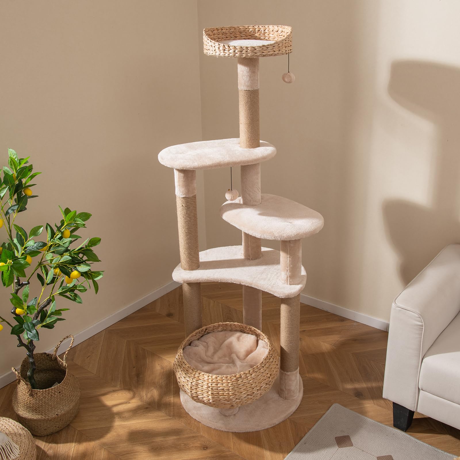 SOARS Albero tiragraffi grande, 164 cm, con colonne tiragraffi, piattaforme in giacinto d'acqua, palline di peluche, albero per gatti a più piani, albero da arrampicata per gatti