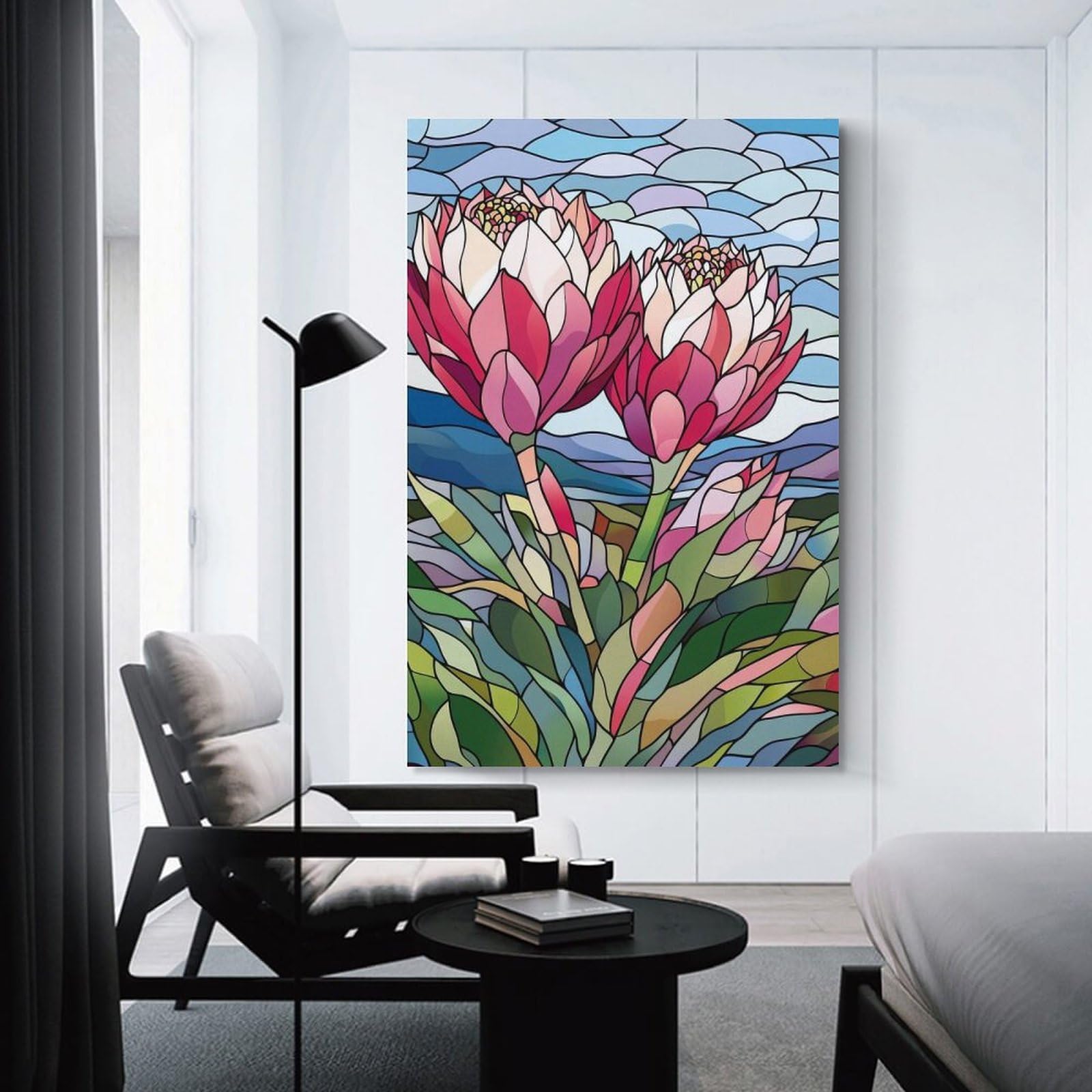 Junmoney Stained Glass Proteas Home Decor Wall Art, 24x36inch(60x90cm), for Home, Office, Studio Or Guest Room, An Adaptable Decor Piece for Home Use