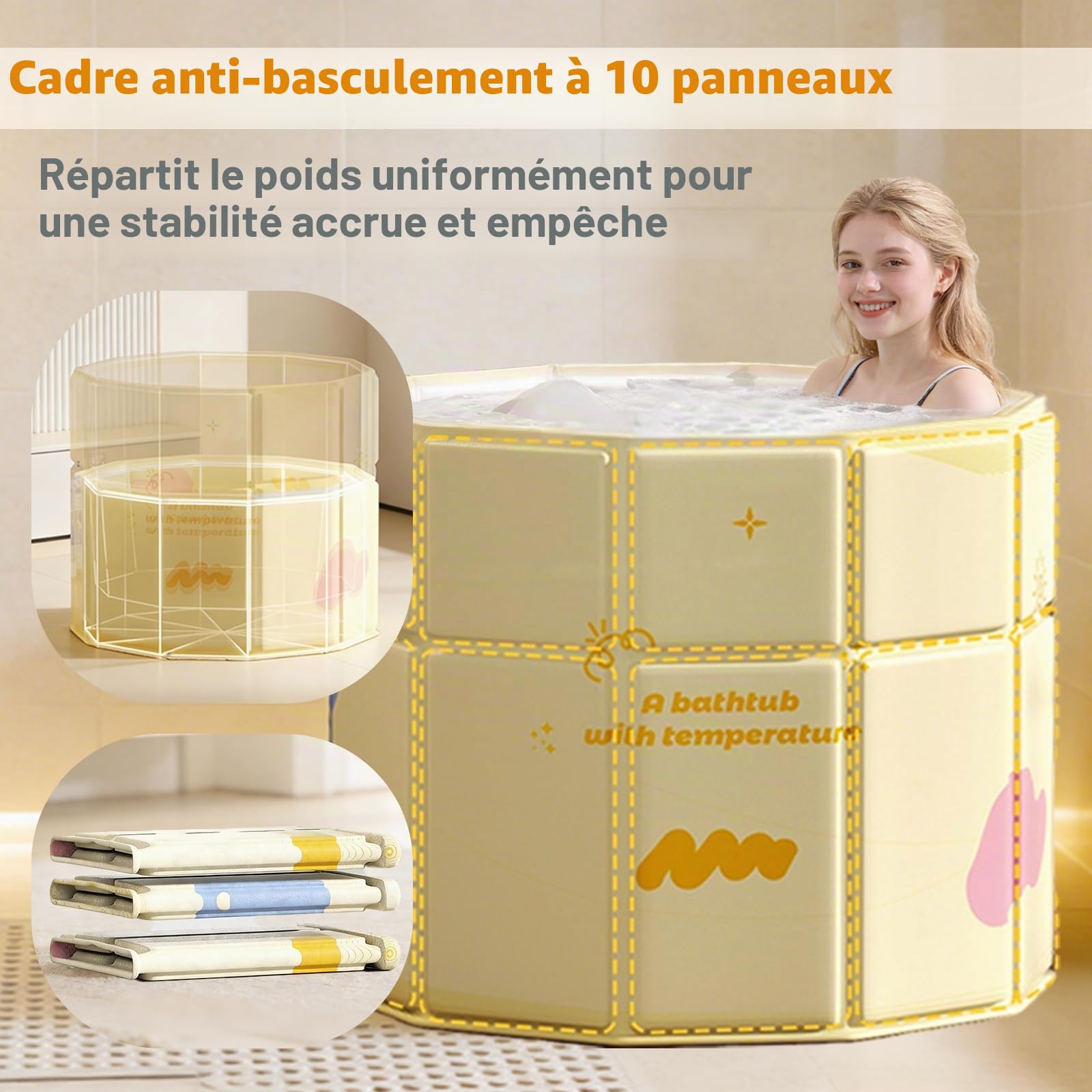 Baignoire pliable jaune 70 cm, entrée « Step-in » pour personnes âgées et enfants, pliable vers l'intérieur, baignoire à glace portable et bain chaude, baignoire portable pour adultes
