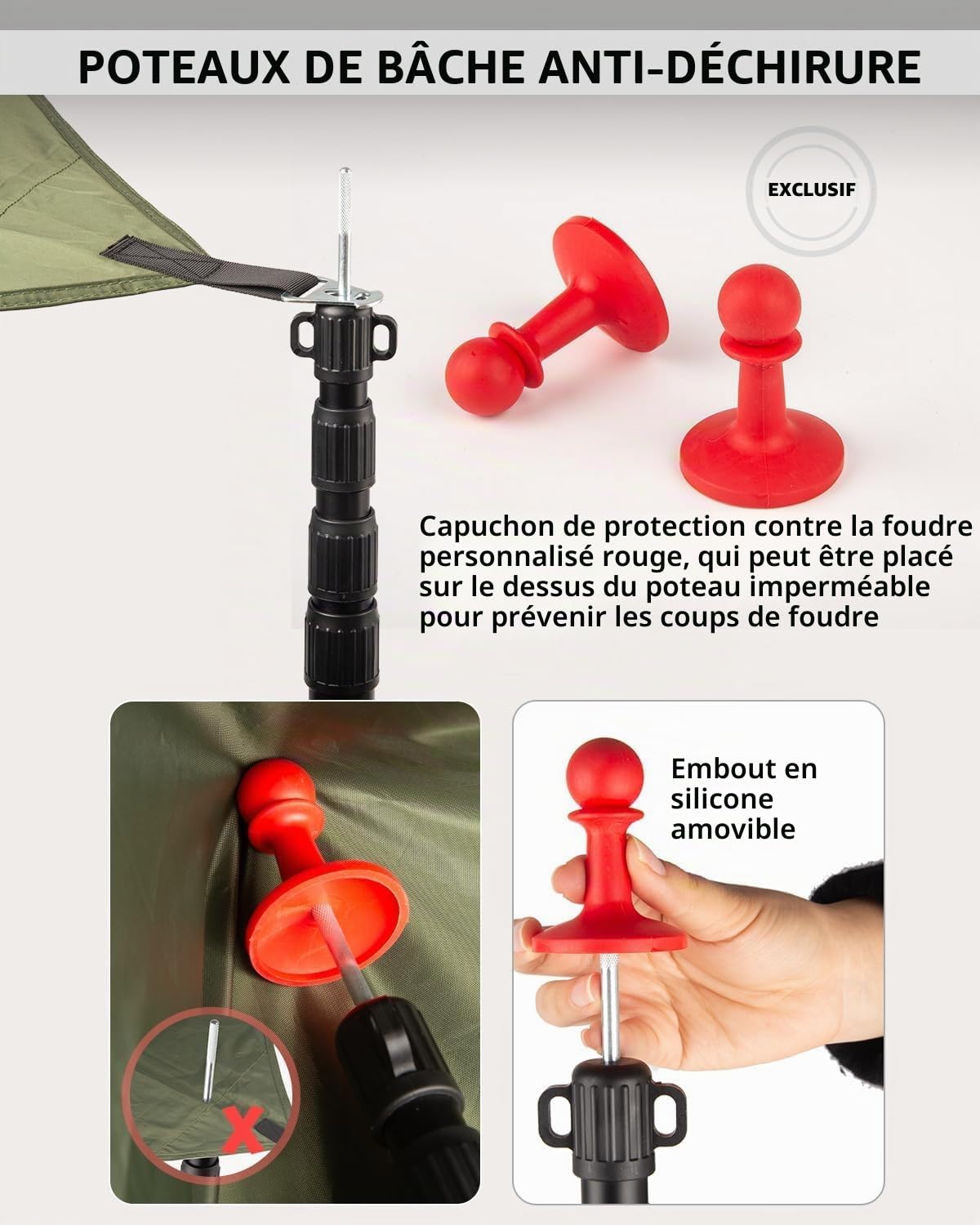 Lot poteaux de bâche Robustes et réglables en Aluminium aéronautique de 2,5 m avec Capuchon de Protection pour la randonnée