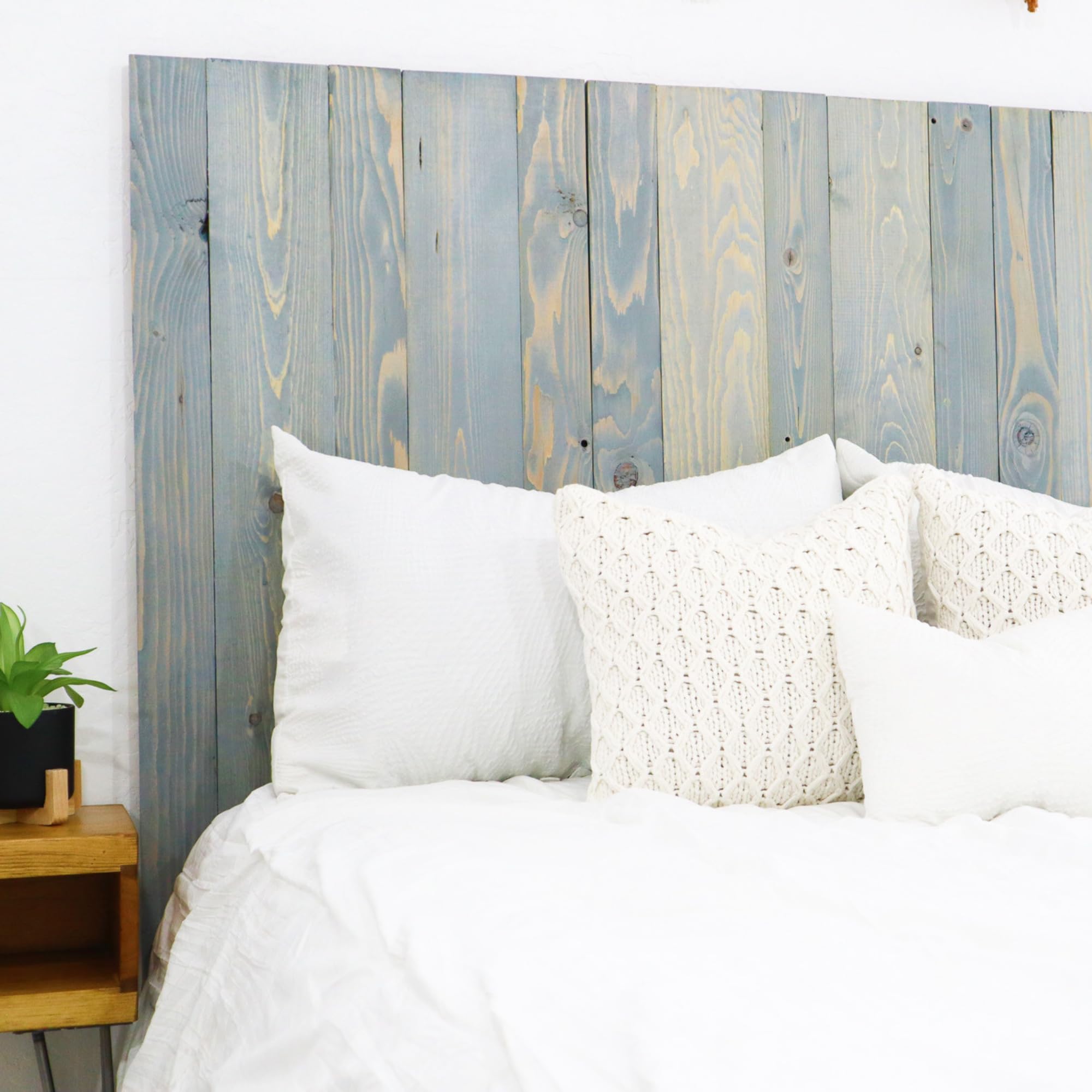 Barn Walls Solid Wood King Size Headboard, Celeste Blue Stain with Smooth Natural Wood Grain Variation, Handcrafted Head Board Wall-Mounted Panels, Coastal Modern Bedroom, Built to Last