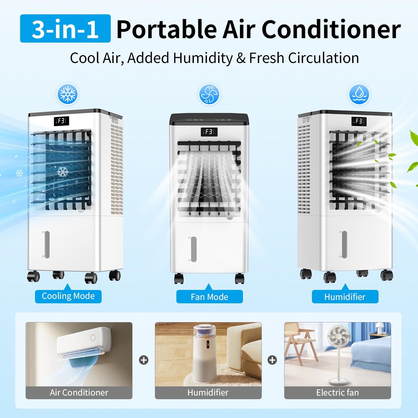 Climatiseur Mobile, 3 Modes & 3 Vitesse, Minuteur 12H, 4 Boîtes des Glacières, Grand Réservoir d'Eau, Fonction d'Oscillation, 60W Refroidisseur d'Air Évaporation avec Écran pour Chambre Bureau