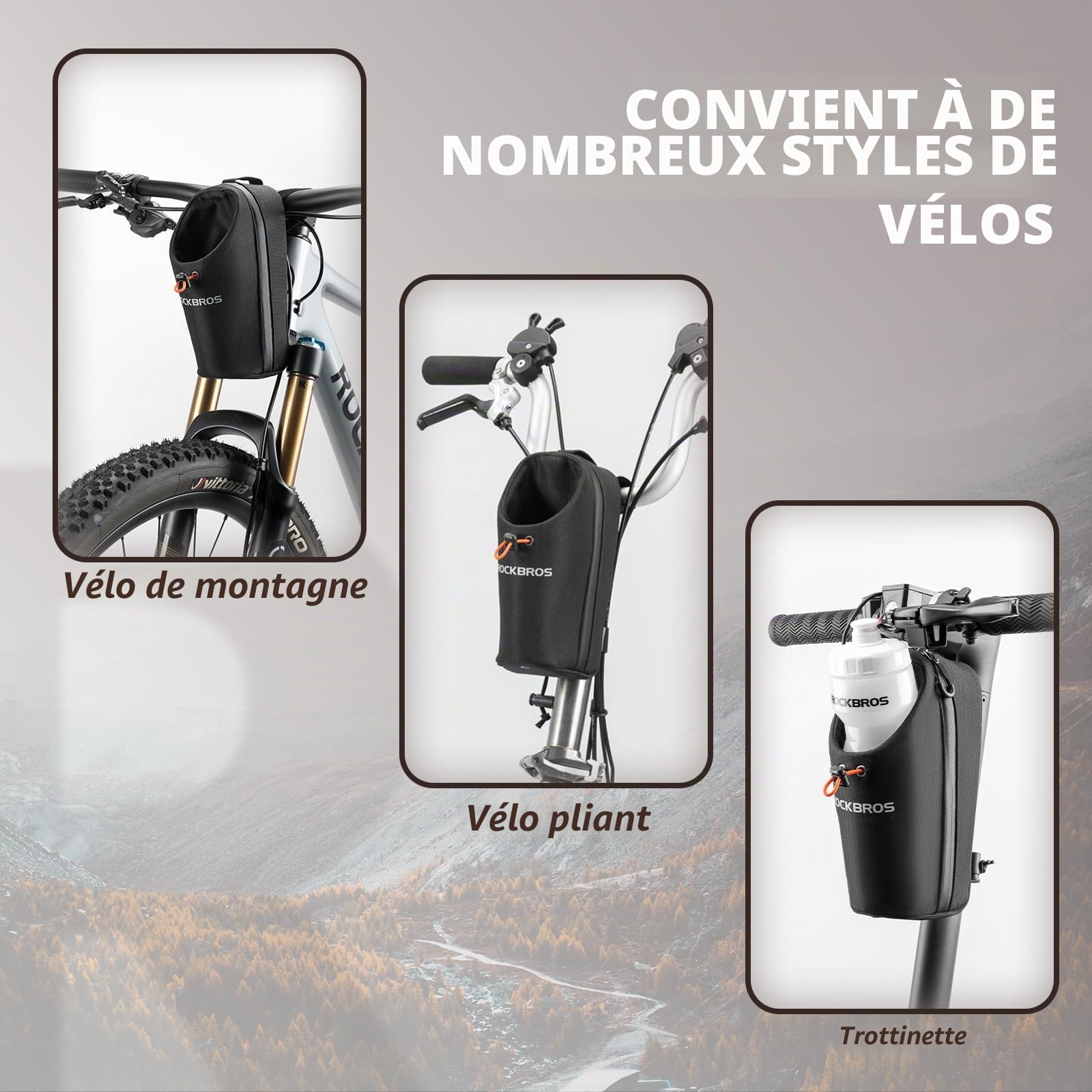 ROCKBROS Porte-Bidon Vélo Pliant Sacoche Avant Bidon 1,5L Guidon Calibre Réglable Jusqu'à 8cm Sac Petit Boisson Parapluie Lunettes Gants pour Scooter Trottinette Électrique VTT Blanc