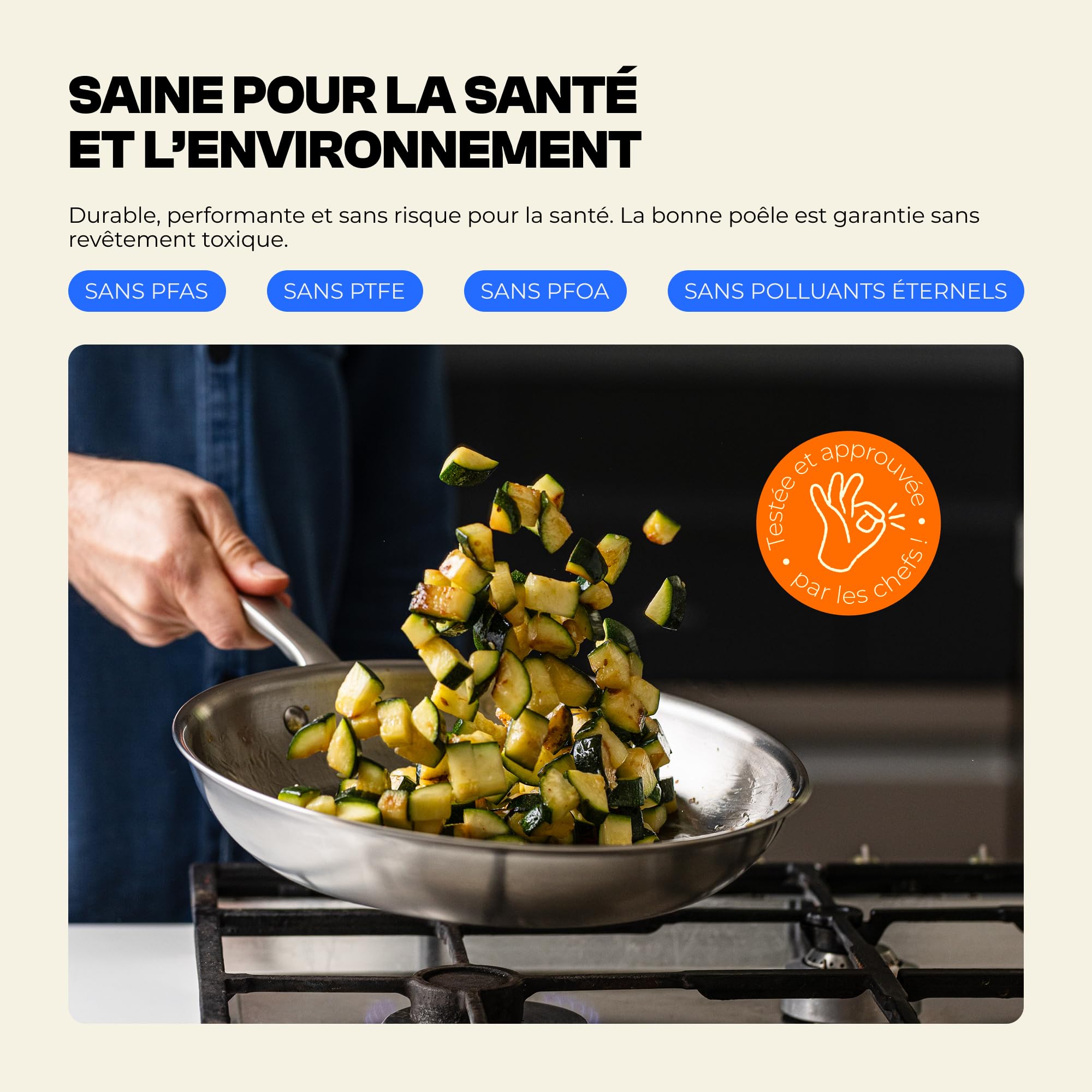 Atma la Bonne Poêle Inox Triple Couche - Poêle Induction 26cm avec Manche Riveté - Sans PFAS ni Revêtement Chimique - Compatible Tous Feux et Four - Fabriquée en France