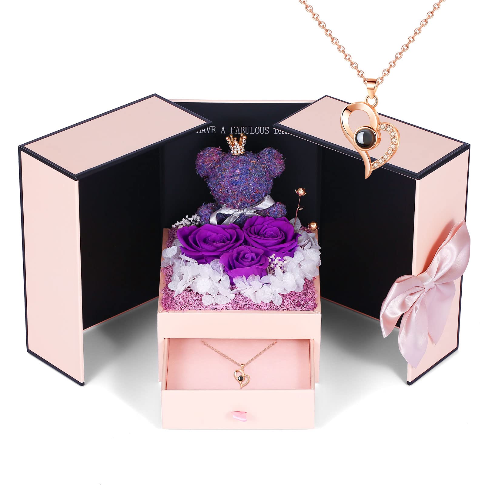 KonijiwaPreserved Real Rose with I Love You Necklace in 100 Languages Rose Bear Gifts for Womens Romantic Gifts for Her Girlfriend Wife on Anniversary, Valentines Day