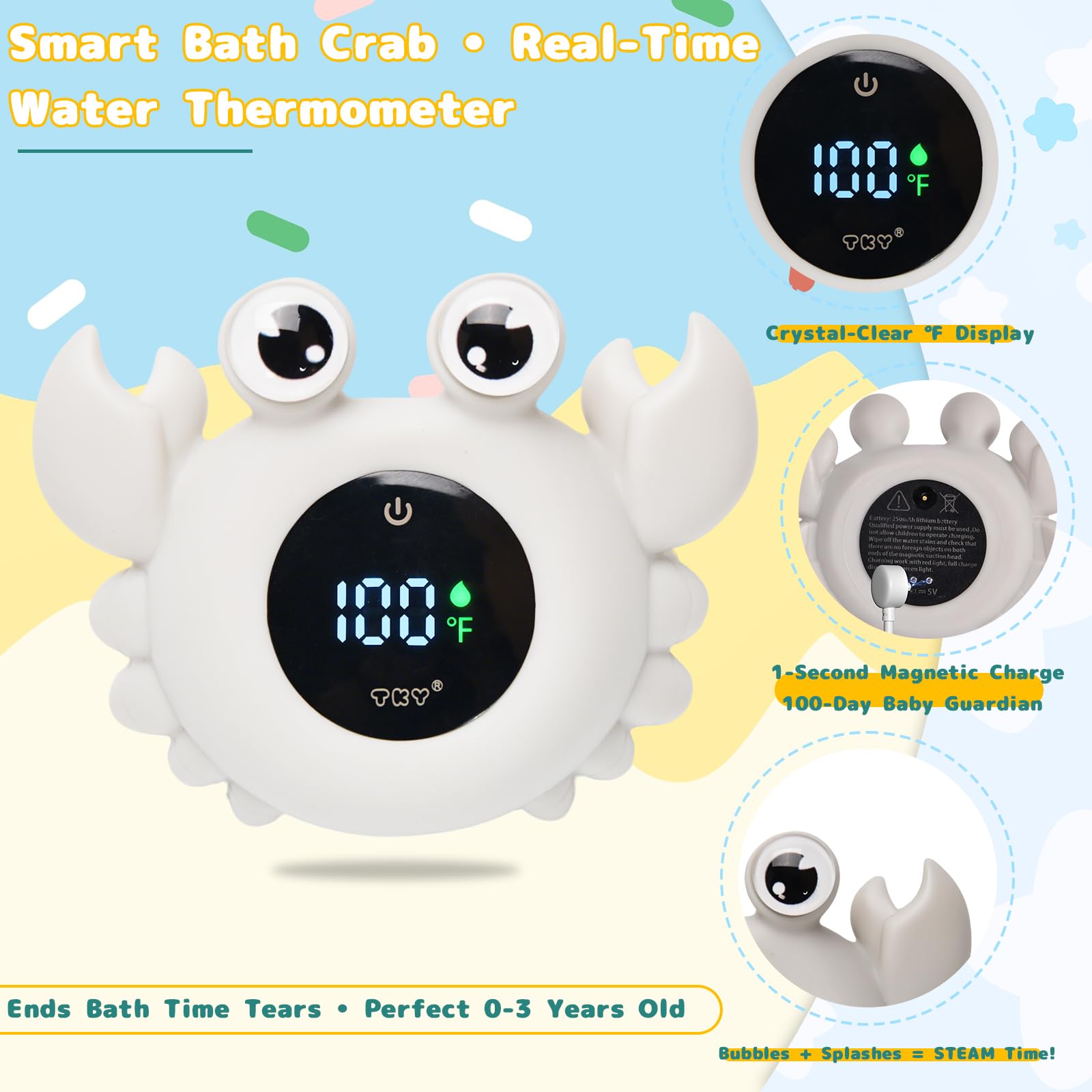 TKY Baby Badethermometer mit schwimmendem Spielzeug & Raumtemperaturmonitor - Wiederaufladbares digitales Thermometer mit Temperaturalarmen, Badezubehör für Neugeborene, Säuglinge (Advanced Grey)