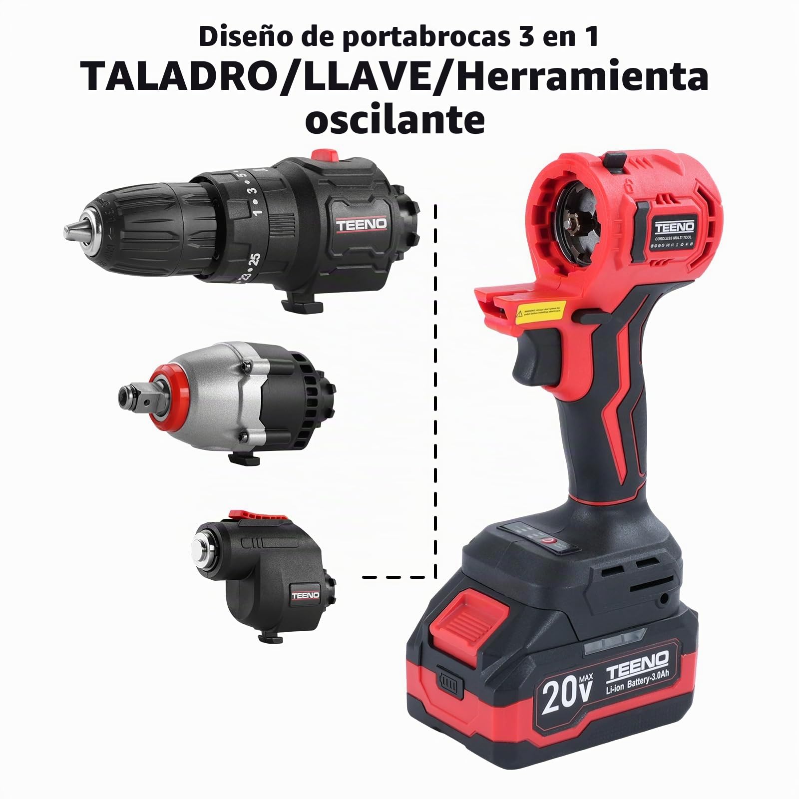 Kit Combinado Inalámbrico de 20V TEENO Herramienta Multifunción Inalámbrica 3en1 con Estuche, Taladro, cef a Choques, Herramienta Oscilante con Accesorios, 1 Batería de Litio Lon