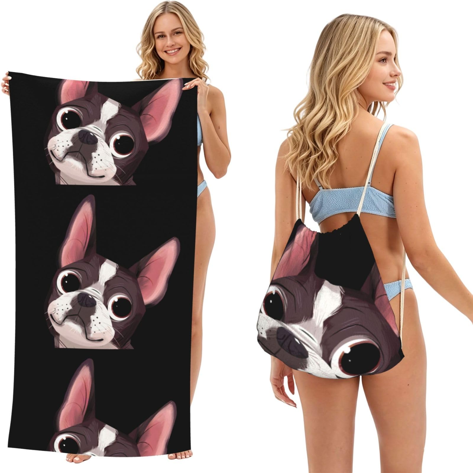 Poadnly As Picture Boston Terrier Nature, 2 In 1 Packable Towel Bag, Beach Towels With Drawstring Backpack For Travel Holiday Camping