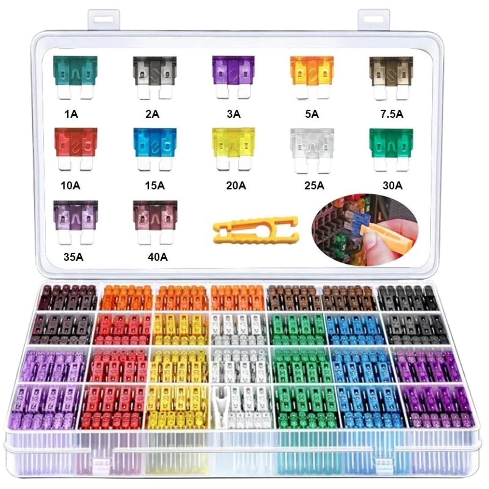 Zestaw mini bezpieczników samochodowych w standardowym rozmiarze, typ ostrza, 2,5, 3, 5, 7,5, 10, 15, 20, 25, 30, 35 A, zestaw bezpieczników do samochodów osobowych i ciężarowych z klipsem do skrzyni