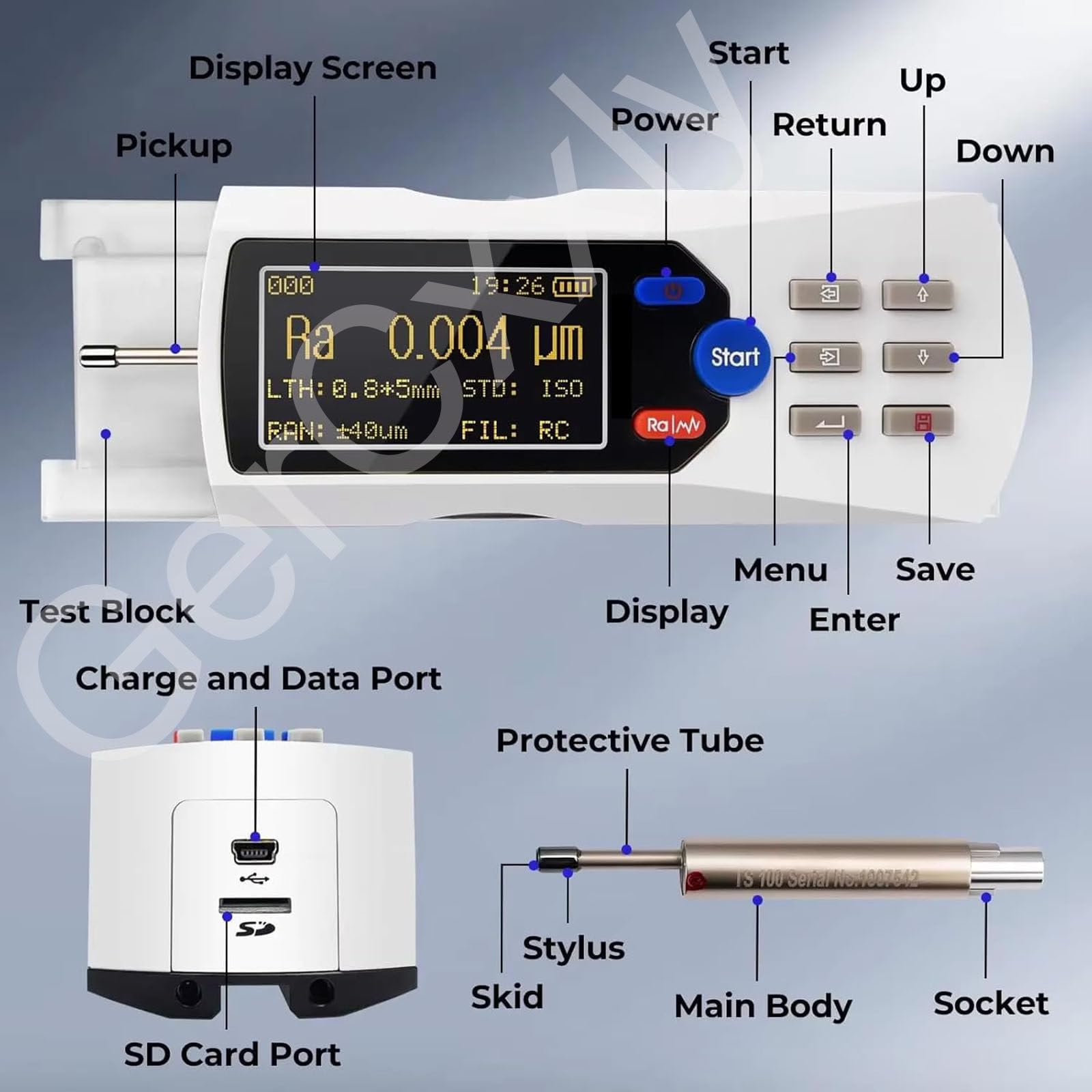 Rugosímetro Digital con Pantalla LCD y sonda de Diamante,Rango de medición: 0-160 μm,Precisión: 0,001 μm,Diversos parámetros de Prueba,para Superficies metálicas