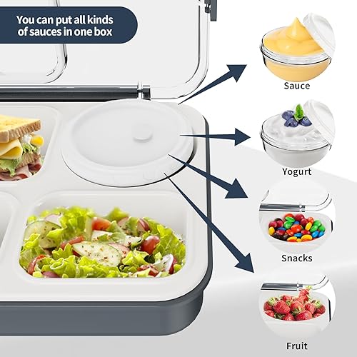 Miniatura 4 de Lonchera Bento, lonchera para adultos de 50.7 fl oz, lonchera de 4 compartimentos para niños con salsa a prueba de fugas (gris, polipropileno)