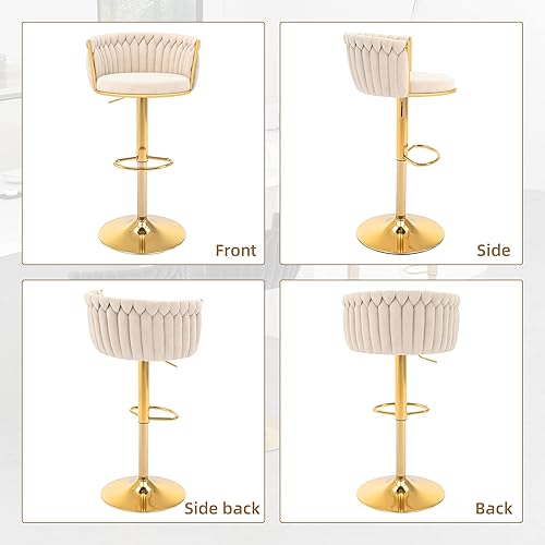Miniatura 9 de Gold - Juego de 2 taburetes de bar ajustables, sillas de bar giratorias de terciopelo con respaldo tejido, reposapiés y base de metal, taburetes