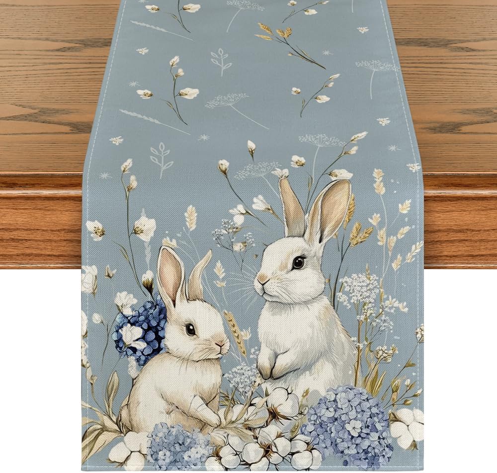 Artoid Mode Hydrangea Bunny Rabbits Flowers Easter Table Runner, Seasonal Kitchen Dining Table Decoration for Home Party Decor 40x180 cm