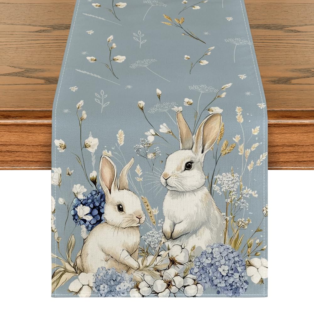 Artoid Mode Hortensie Hasen Blumen Blätter Ostern Tischläufer, Frühling Küche Tisch Dekoration Drinnen Urlaub Party Dekor 40x100 cm