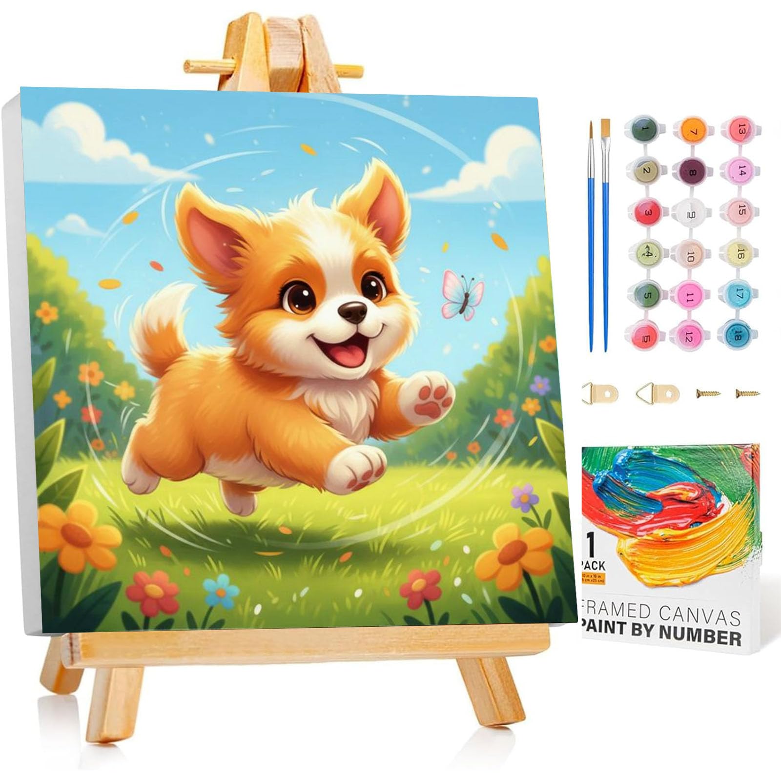 Arttoplus Malen Nach Zahlen Kinder mit Rahmen und Holzstaffelei- Hund Malen Nach Zahlen ab 5 6 7 8 9 10 Jahre Mädchen, Diy Acrylfarbe Paint by Numbers Tiere für Anfänger für Home Décor(20x20cm)