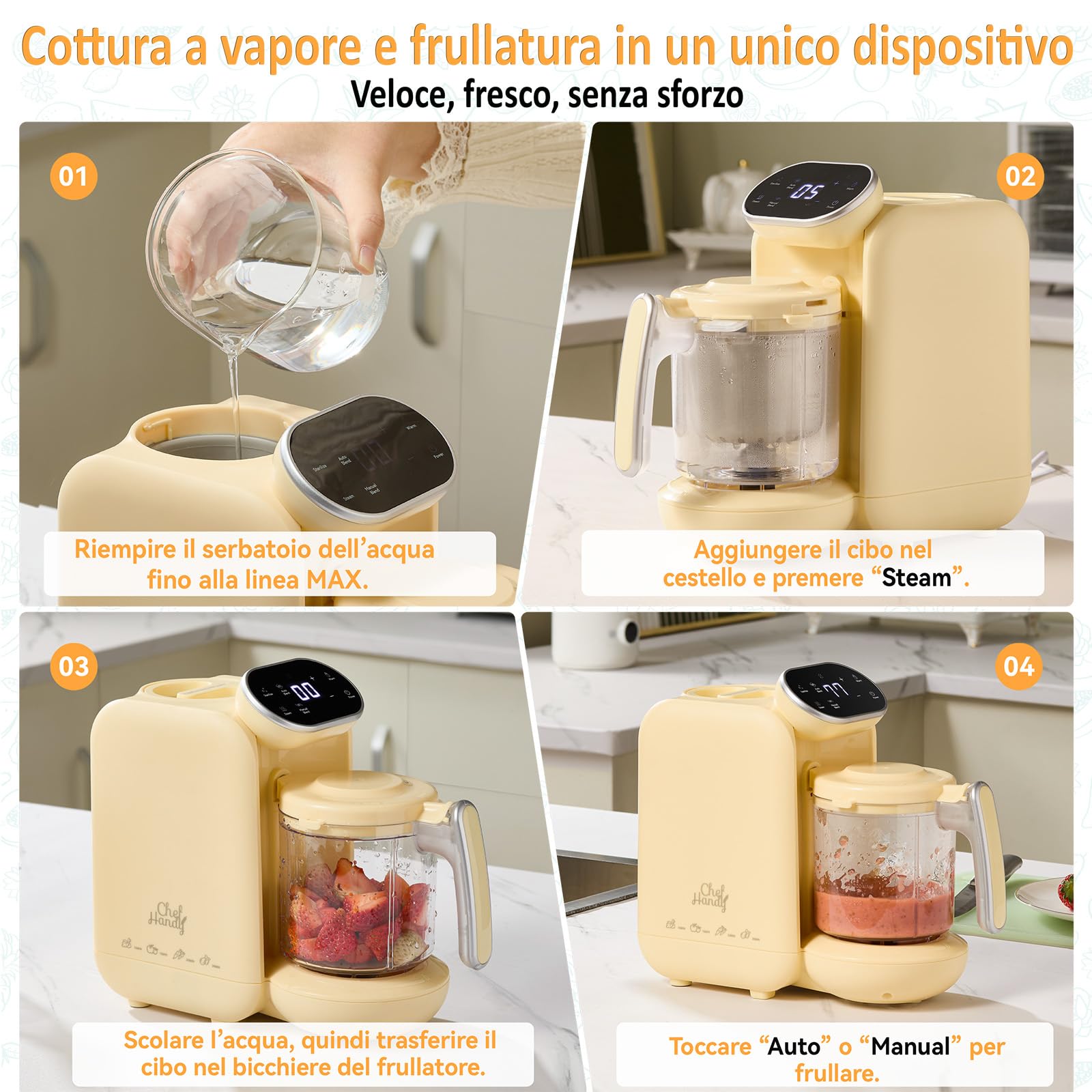 Chefhandy Cuocipappa per Neonati Multifunzione 5-in-1,Omogeneizzatore per Neonati con funzione vapore,frullatura,scaldalatte e allarme acqua insufficiente Per tutte le fasi del bambino (Giallo)