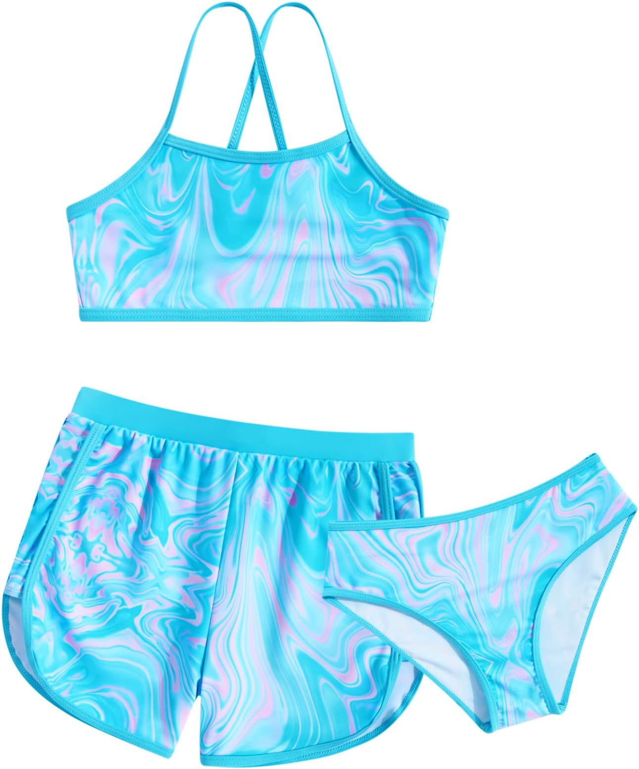 Funnycokid Girls Bathing Suits Size 12-14 3 Piece Swimsuit Fluid Size 13 Size 14 Bikini Set with Shorts Sport Swimwear 13-14 Years