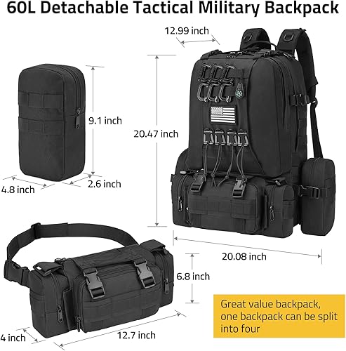 Miniatura 3 de CVLIFE Mochila táctica de 60 L para hombres y mujeres, mochila militar grande del ejército con anillo en D, clips Molle, accesorios de brújula, 3