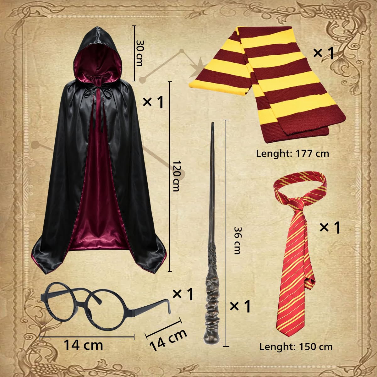 Abitoncc 5PCS Wizard Costume Set for Kids World Book Day Costume Black Cape, Wizard Wand, Glasses - Image 2