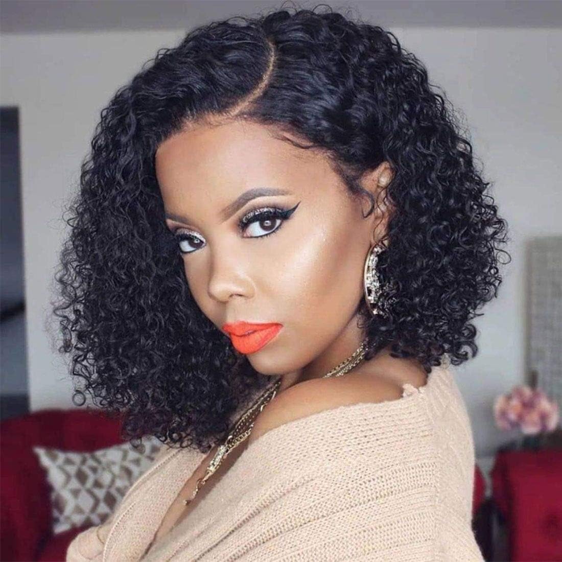 Human Hair Wig 150% Density Deep Curly Pre Plucked Hairline SMHair Brazilian Remy Glueless Lace Front Bob Wig Human Hair for Black Women With Baby Hair 12inch