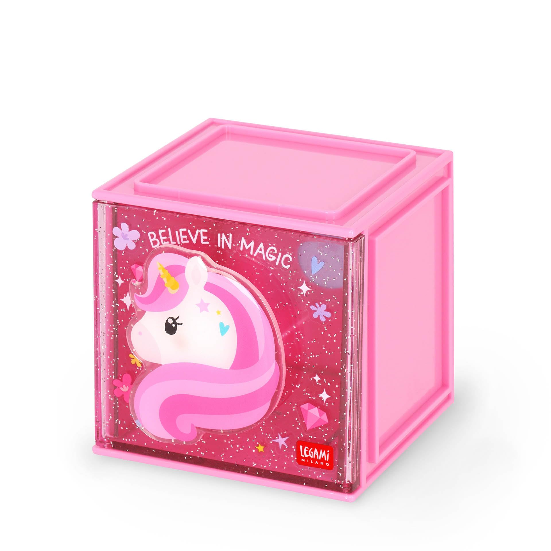 Legami - Box Componibile da Scrivania Cutie Cubes, Tema Unicorn, Organiser da Scrivania, Portaoggetti, Foglio di Adesivi incluso, Impilabile, Multifunzionale, in ABS, 90 x 90 x 100 cm