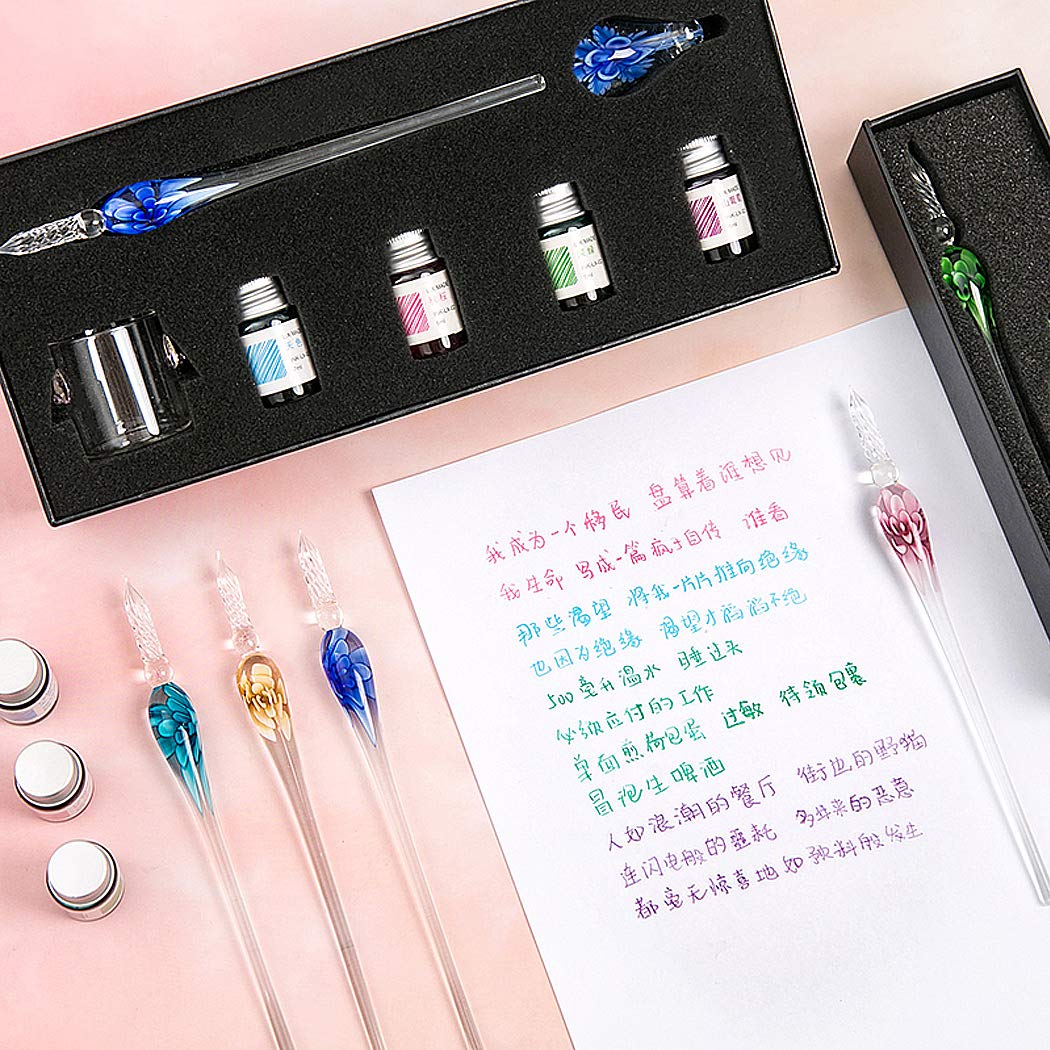 fait à la main cristal verre intarsia dip stylo plume kit calligraphie signatures stylo avec 4 couleurs d'encre, porte-stylo, tasse de nettoyage, rose