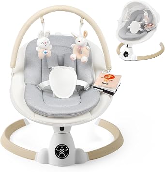 Baby Bouncer, Portable Electric Baby Swing with Bluetooth, 5 Swing Speed, 10 Lullabies, 5-Point Harness, Remote Control & Touch Panel - Bouncer from Birth for Indoor & Outdoor Use(Wood)