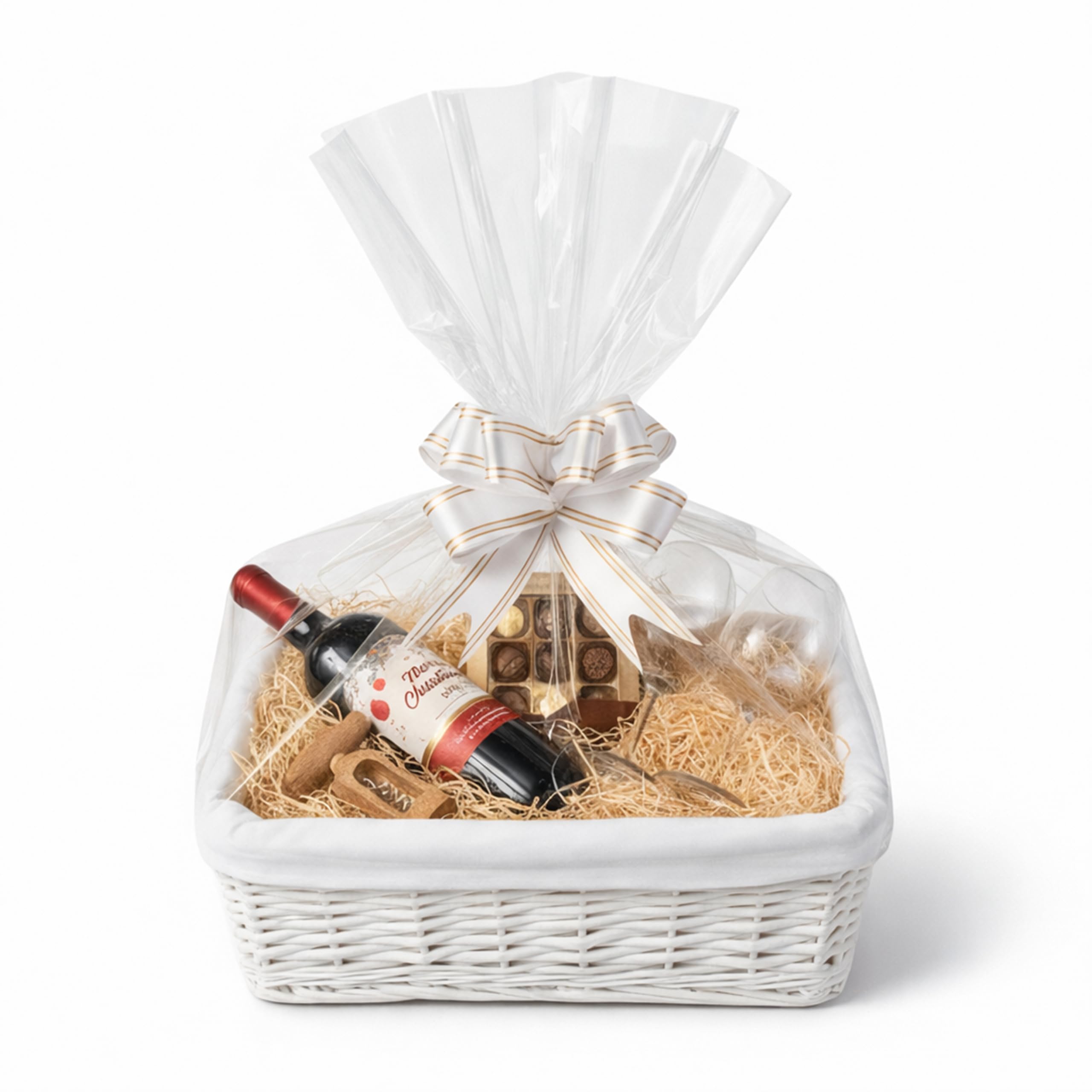 H-LINE MEDIUM Make Create Your Own Gift Hamper Kit - White Wicker Storage Basket Cellophane Wood Shred Bow Set - Ideal for Christmas Easter Christening Wedding Baby Shower or Birthday Gift โ image 1