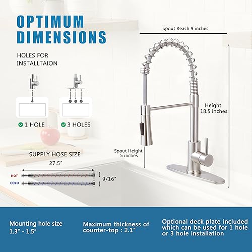 Miniatura 4 de KINGO HOME Grifo de fregadero de cocina con rociador extraíble, grifo de barra de acero inoxidable de níquel cepillado de una sola manija, grifos